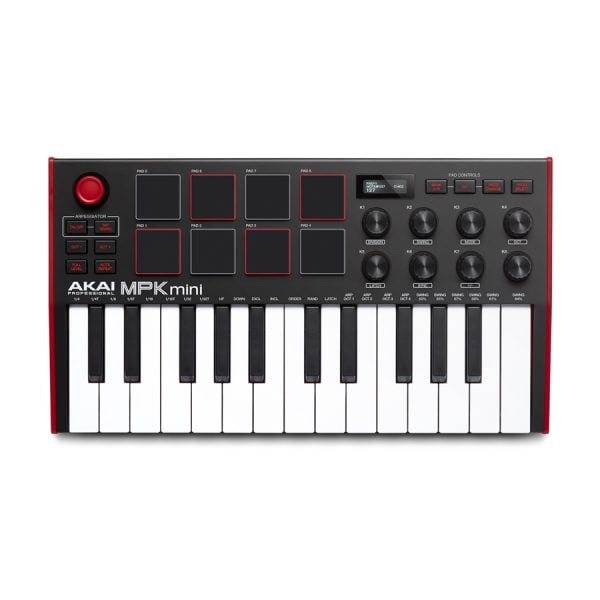 Akai MPK Mini MK3 è una tastiera USB MIDI 25 tasti mini con arpeggiatore e 8 pad MPC sensibili alla dinamica, 8 potenziometri rotativi a 360°, joystick.